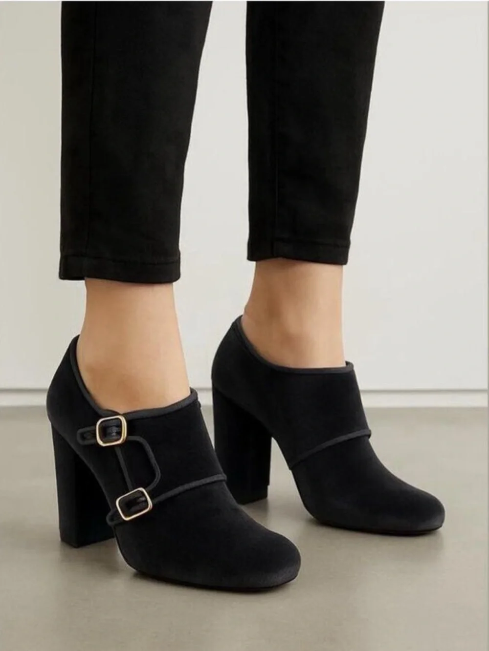 Tory Burch Carley Velvet Booties Gray Grigio Block Heel Double Monk Buckle Shoes